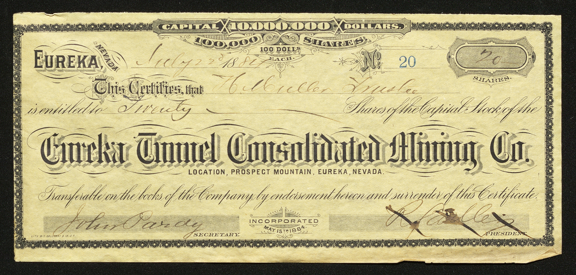 Certificate with black ink shows intricate bordering, lettering, and signatures