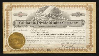 Certificate with black, brown, and gold ink shows intricate bordering, lettering, a company seal, signatures, and a vignette of miners and a waterfall