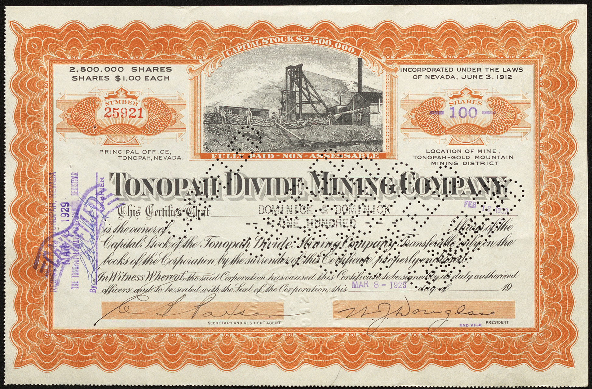 Certificate with black and orange ink shows intricate borders, lettering, signatures, a company seal, cancel stamps, and a vignette of miners