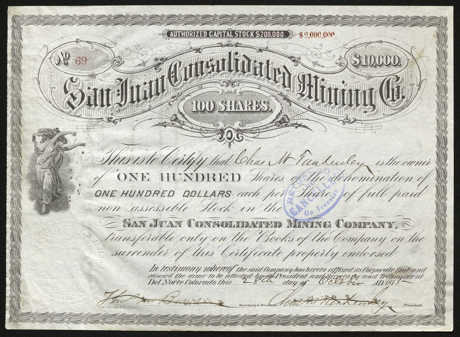 Certificate with blue and black ink shows intricate borders, lettering, signatures, a company seal, a cancel stamp, and Greek woman vignette