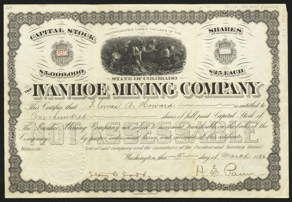 Certificate with black ink shows intricate borders, lettering, signatures, company seals, and vignettes of miners working in a mine