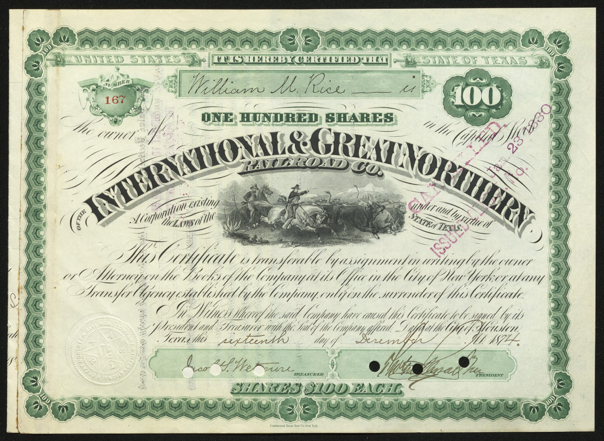 Certificate with black and green ink shows intricate bordering, lettering, a company seal, signatures and a vignette of men on horses with cattle