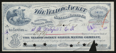 Certificate with black, blue and red ink shows intricate borders, lettering, company seal, signatures and a vignette of a man riding a horse