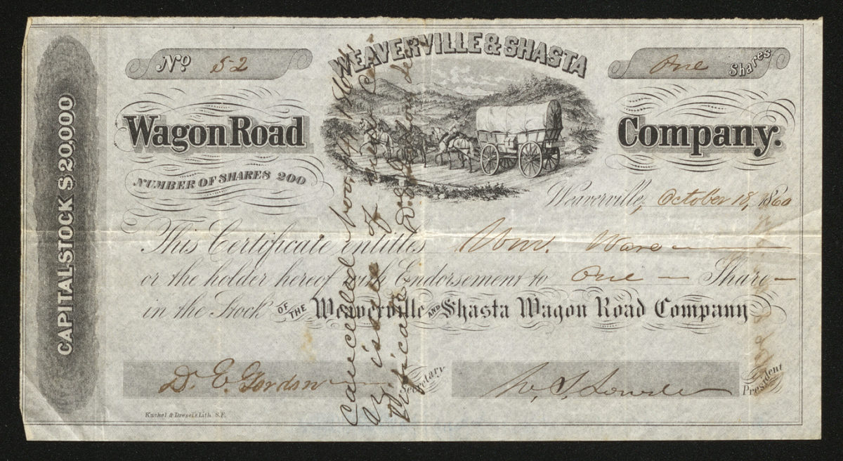 Certificate with black ink shows intricate lettering, a company seal, signatures, and a vignette of a horse-drawn wagon