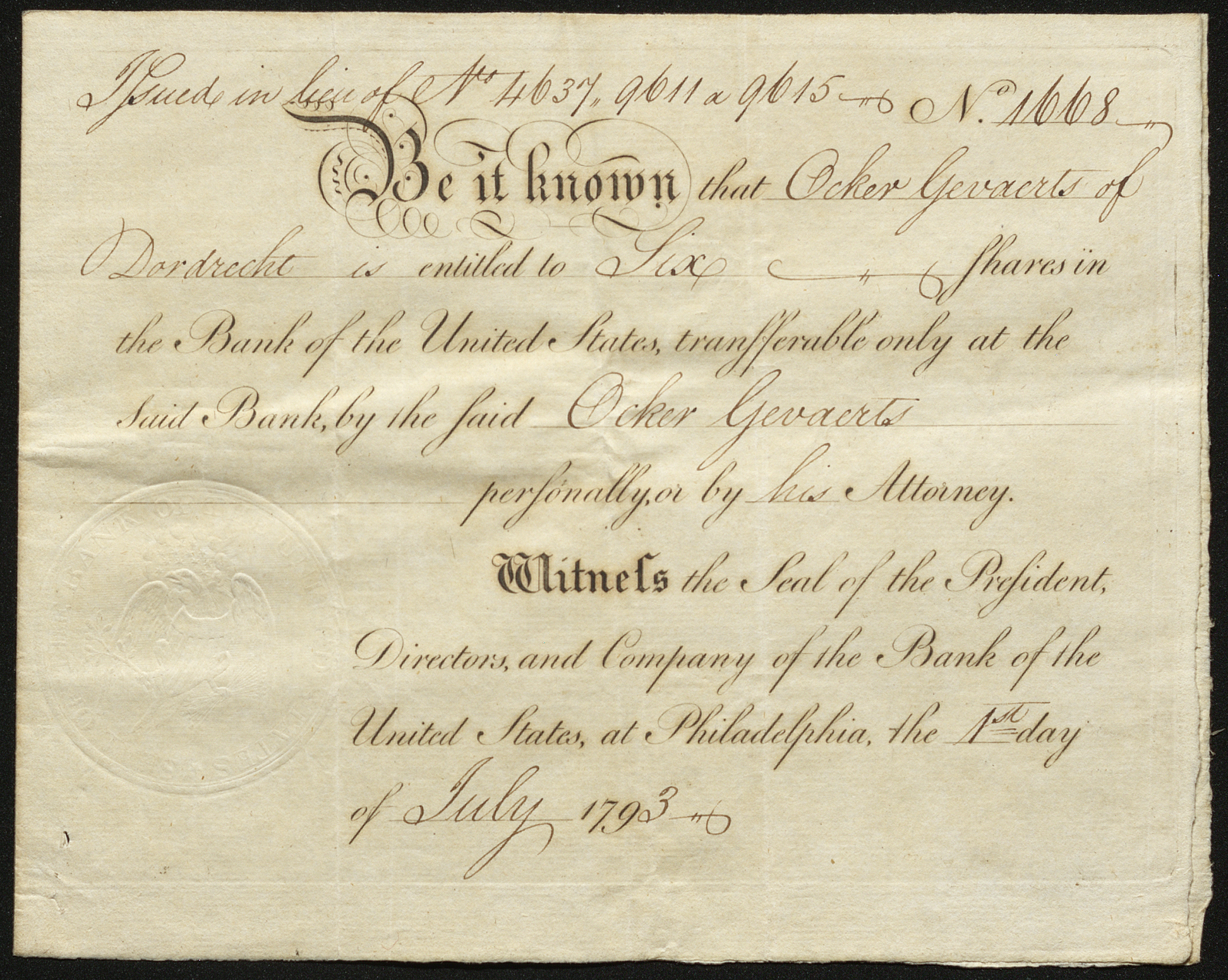 Certificate with brown ink shows handwritten language and signatures