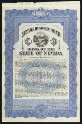 Certificate with blue and black ink shows intricate bordering, lettering, Treasurer’s seal, and vignettes with a train, bridge, building and plow