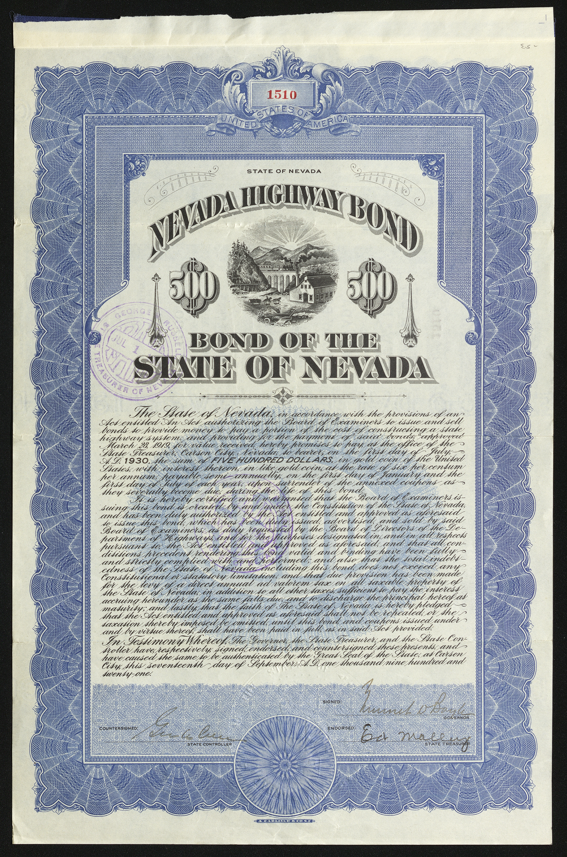 Certificate with blue and black ink shows intricate bordering, lettering, Treasurer’s seal, and vignettes with a train, bridge, building and plow