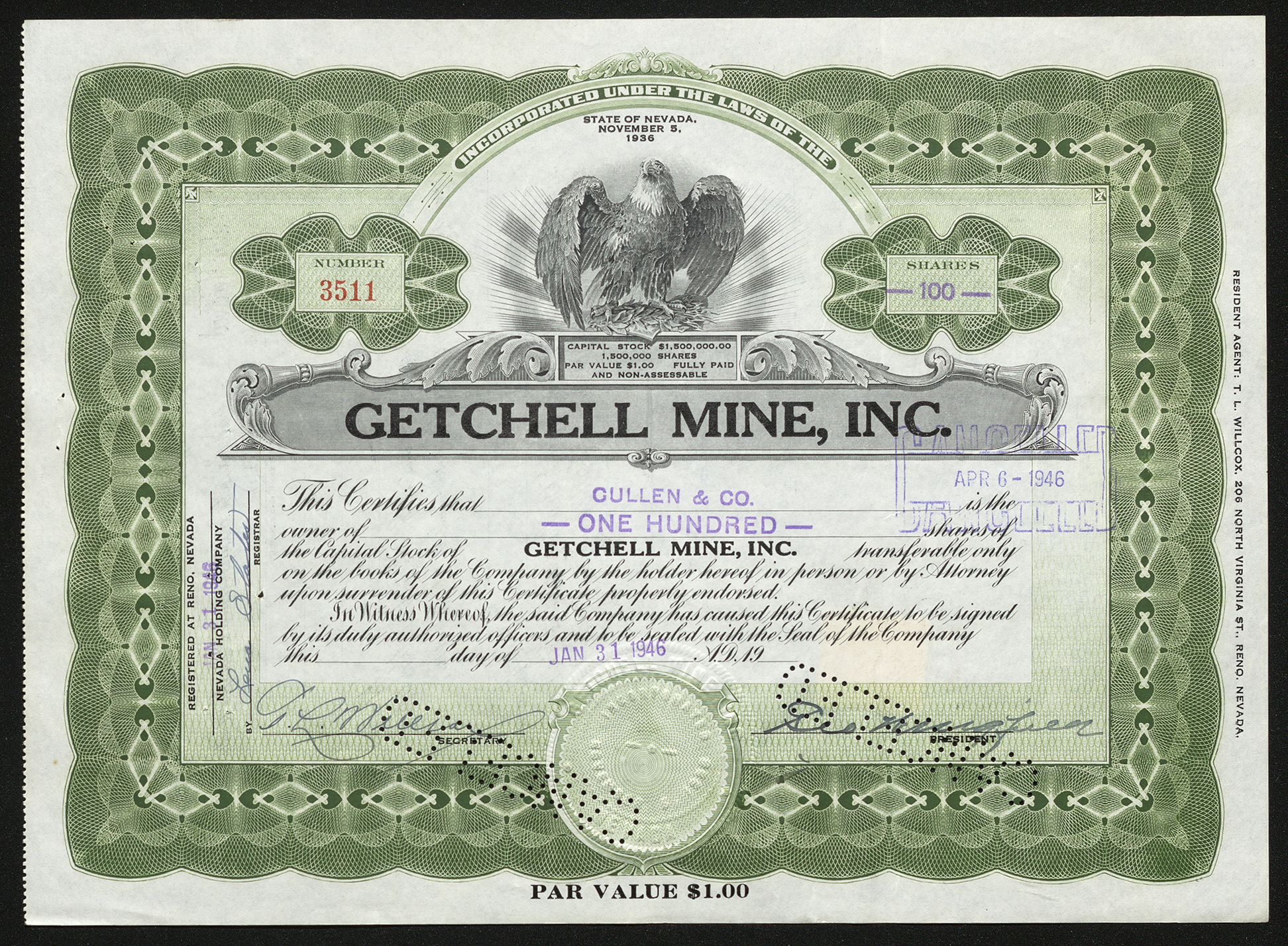 Certificate with black and green ink shows intricate borders and lettering, signatures, company seal, an eagle vignette and cancelled punched out
