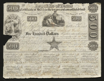 Certificate with black ink shows intricate borders and lettering, signatures, vignettes of a Greek god, woman, sailor, boat, and eagle and coupons
