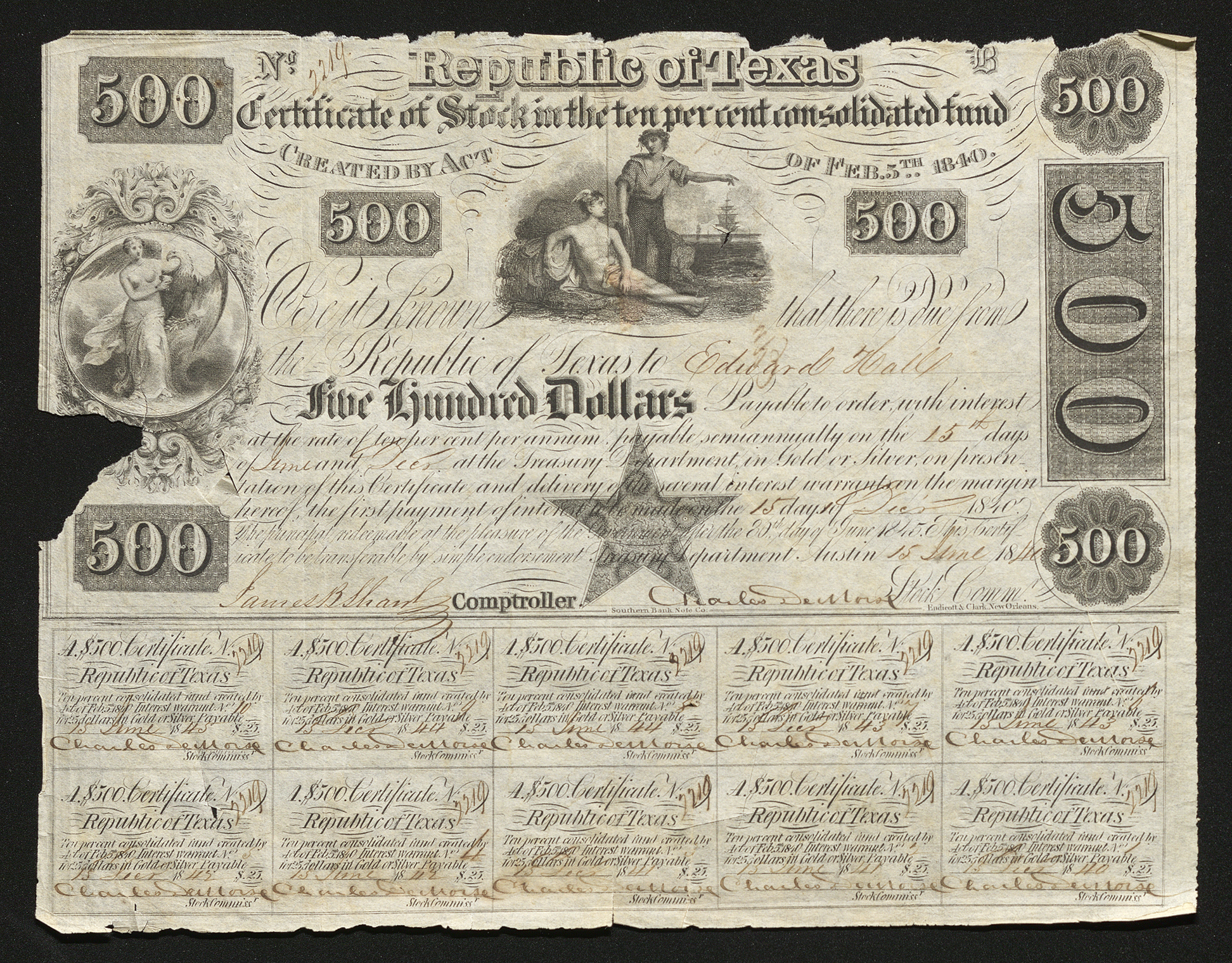 Certificate with black ink shows intricate borders and lettering, signatures, vignettes of a Greek god, woman, sailor, boat, and eagle and coupons