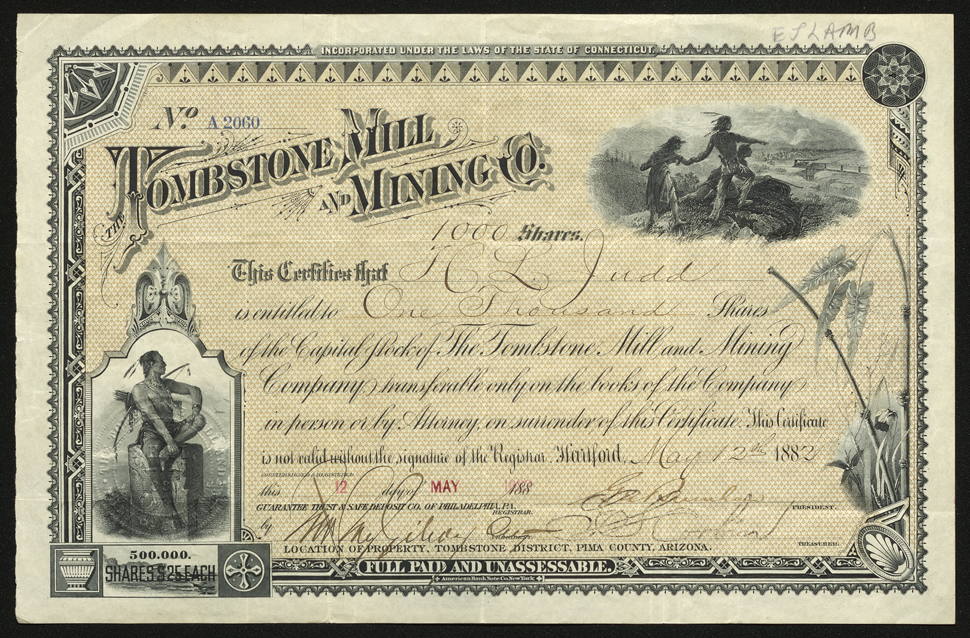 Certificate with black ink shows intricate borders, lettering, and vignettes with Native Americans-one with a bow, a train, and flora