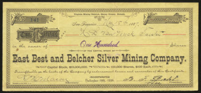 Certificate with black ink shows intricate borders, lettering, and numbers