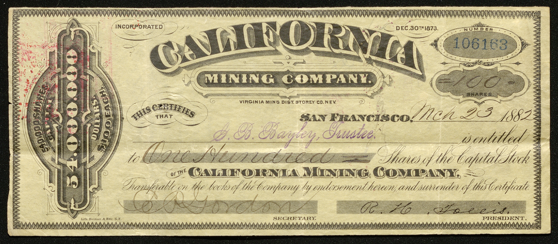 Certificate with black ink shows intricate borders and lettering