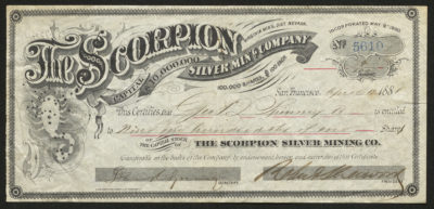 Certificate with black ink shows intricate borders and lettering and a vignette of the Scorpio constellation