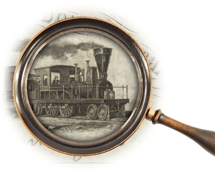 Magnifying glass over illustration of a locomotive