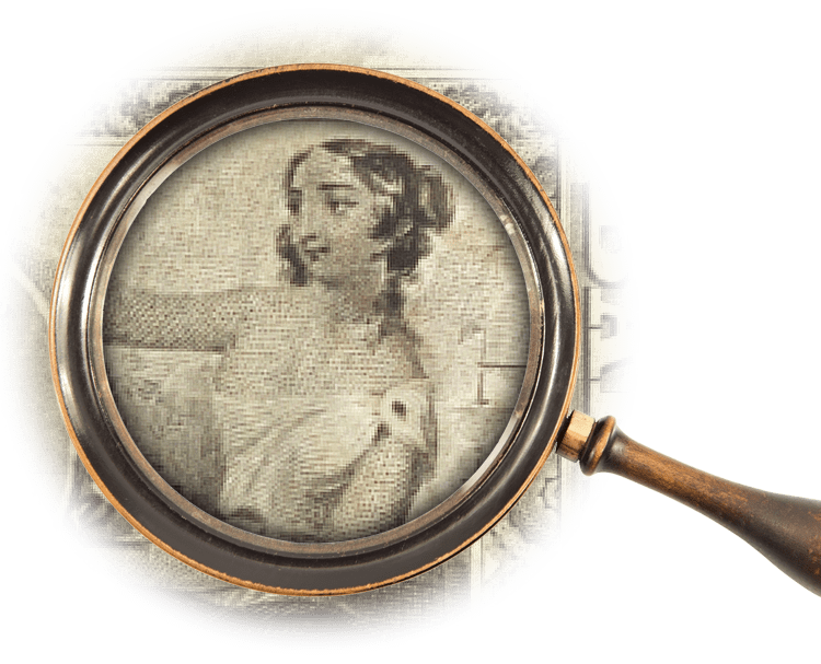Magnifying glass over illustration of a young woman with a ship behind her
