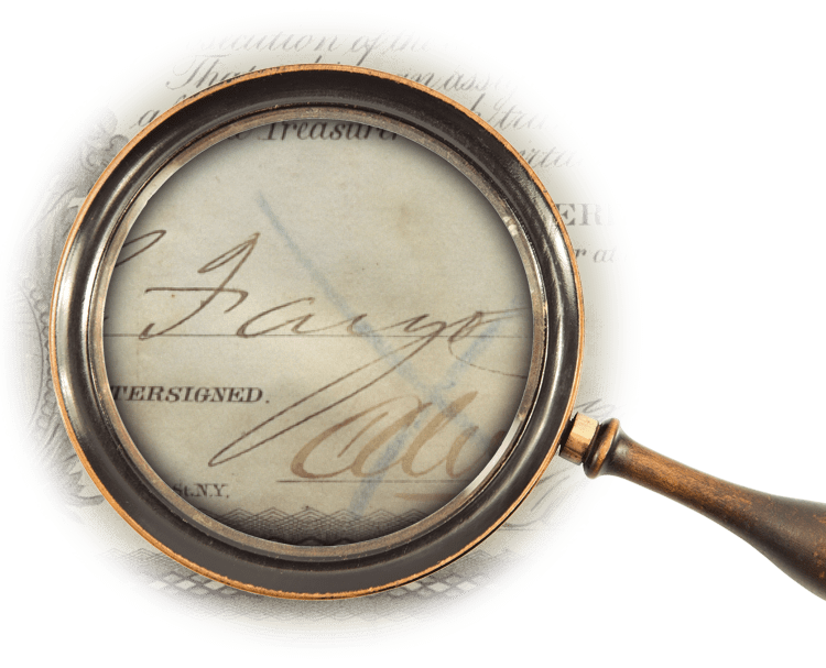 Magnifying glass over signature of William G. Fargo