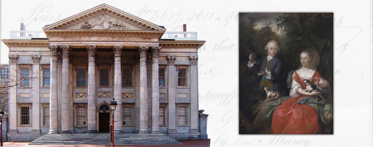 The First Bank of the US building in Greek Revival style and a painted portrait of Ocker Gavaerts and his sister