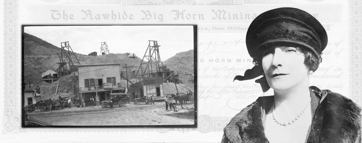 Photograph of the Nevada Hotel in Rawhide with mining works in the hills behind it, and a portrait of Elinor Glyn