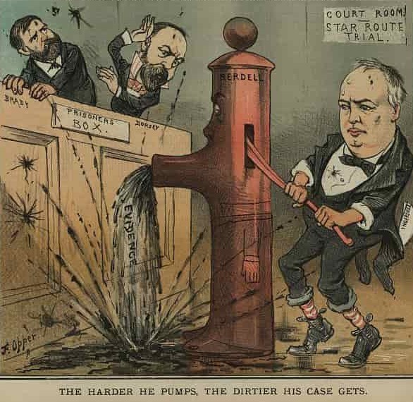 Colored cartoon showing Ingersoll pumping a water pump with two men looking on. Reads “The harder he pumps, the dirtier his case gets.”