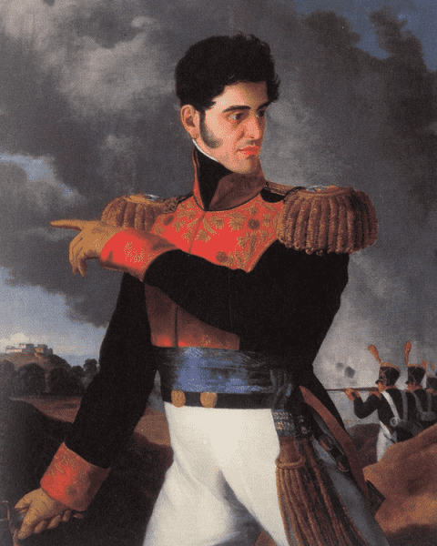 Painting of Santa Anna in formal military dress, with soldiers behind him firing.