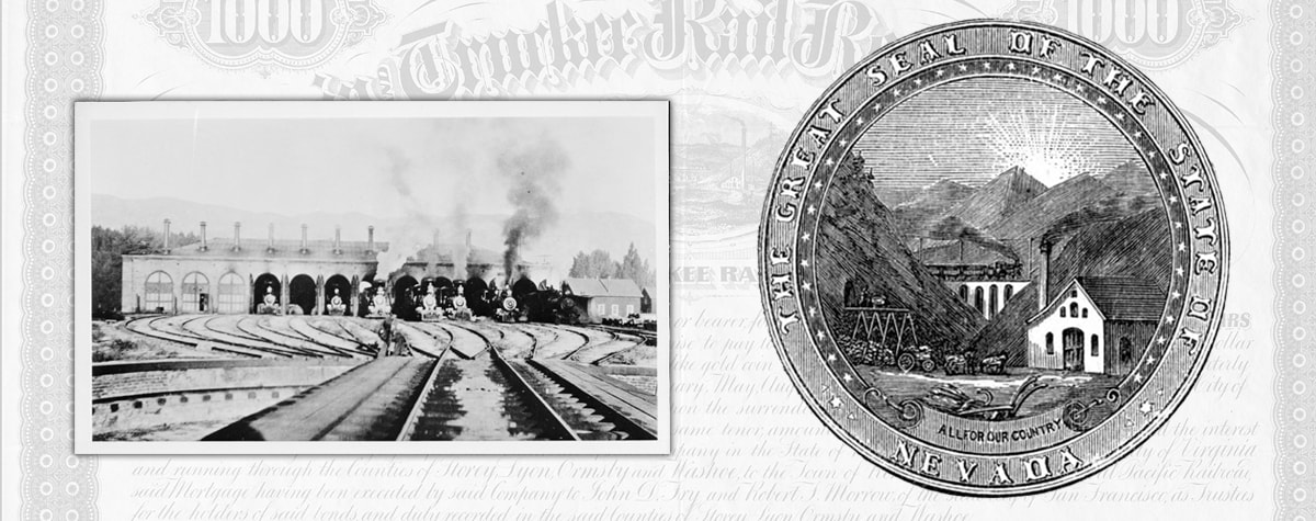 Photograph of the railroad’s engine house with locomotives emerging, and the Great Seal of the State of Nevada