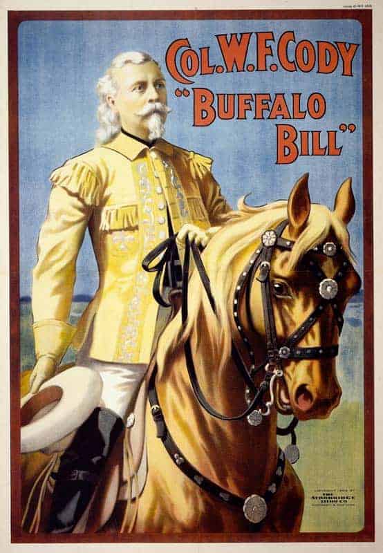 Four color lithograph poster of Buffalo Bill in Wild West Show jacket on a palomino horse; Col. W. F. Cody, "Buffalo Bill” written