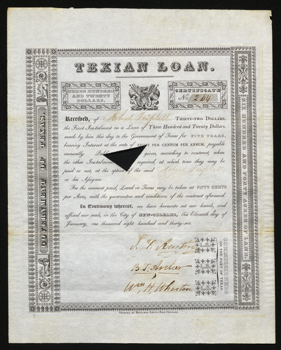 This black and white ornately bordered certificate shows fish, an anchor, a shell, two flags, and tridents; there is a triangular hole in the center