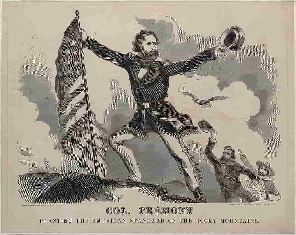 John C. Frémont stands on a mountain top with a flag in this campaign poster; Baker & Godwin courtesy Wikimedia Commons.